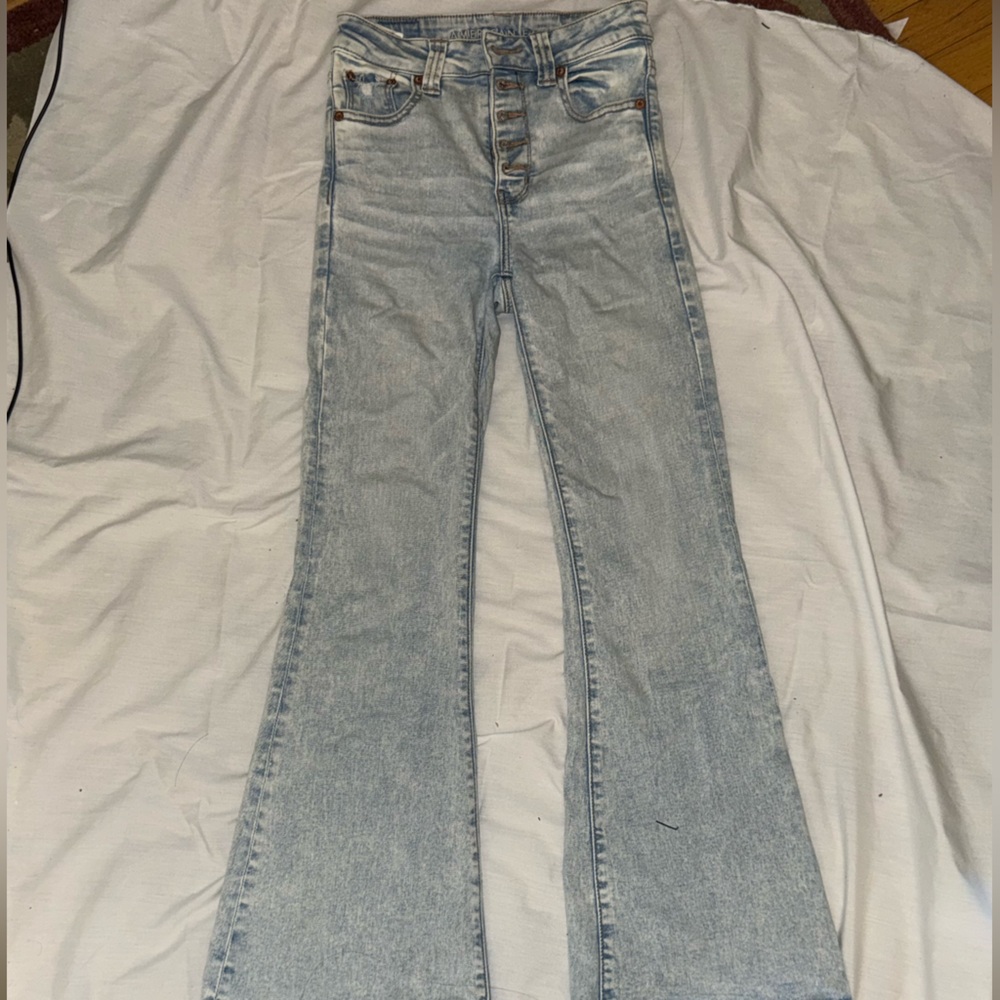 AEO Light Wash Flare Jeans with Button Fly Short